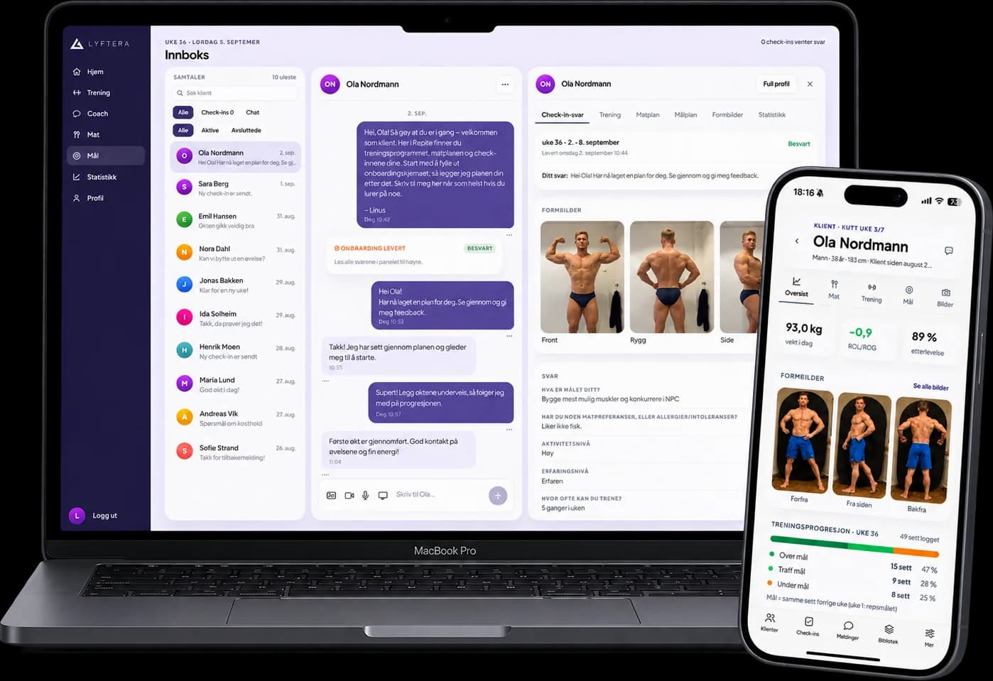 Lyftera Coach på MacBook og iPhone: innboksen og klientoversikten