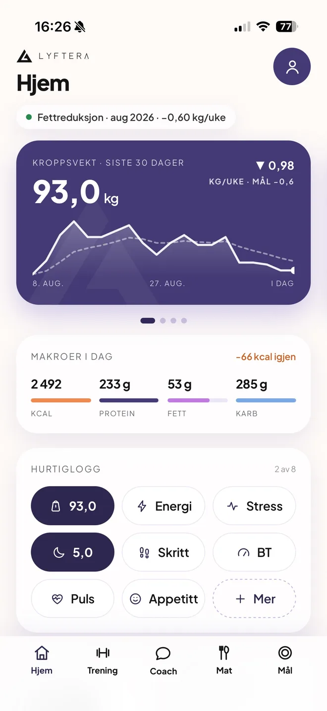 Hjem-skjermen i Lyftera