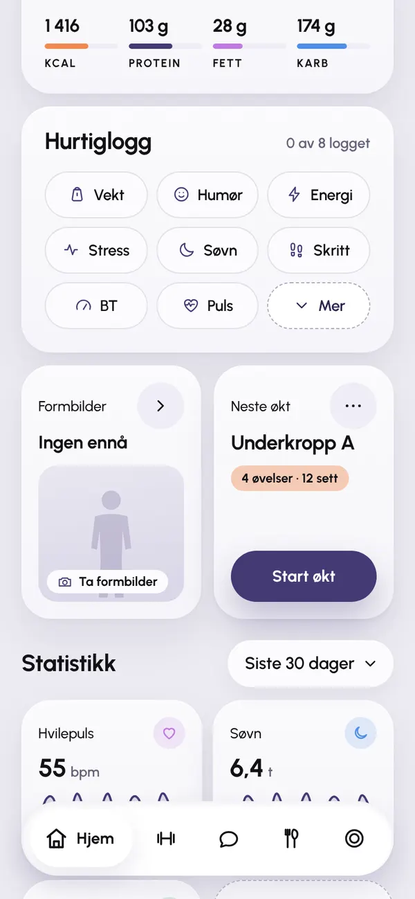Hjem-skjermen med hurtigloggen.