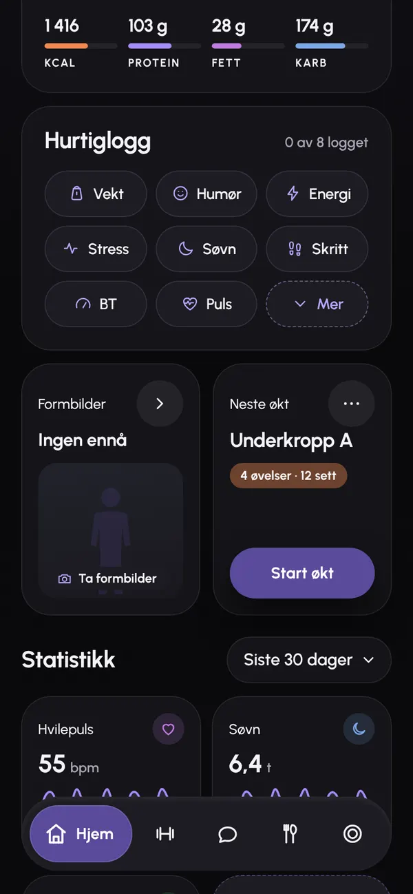 Hjem-skjermen med hurtigloggen.