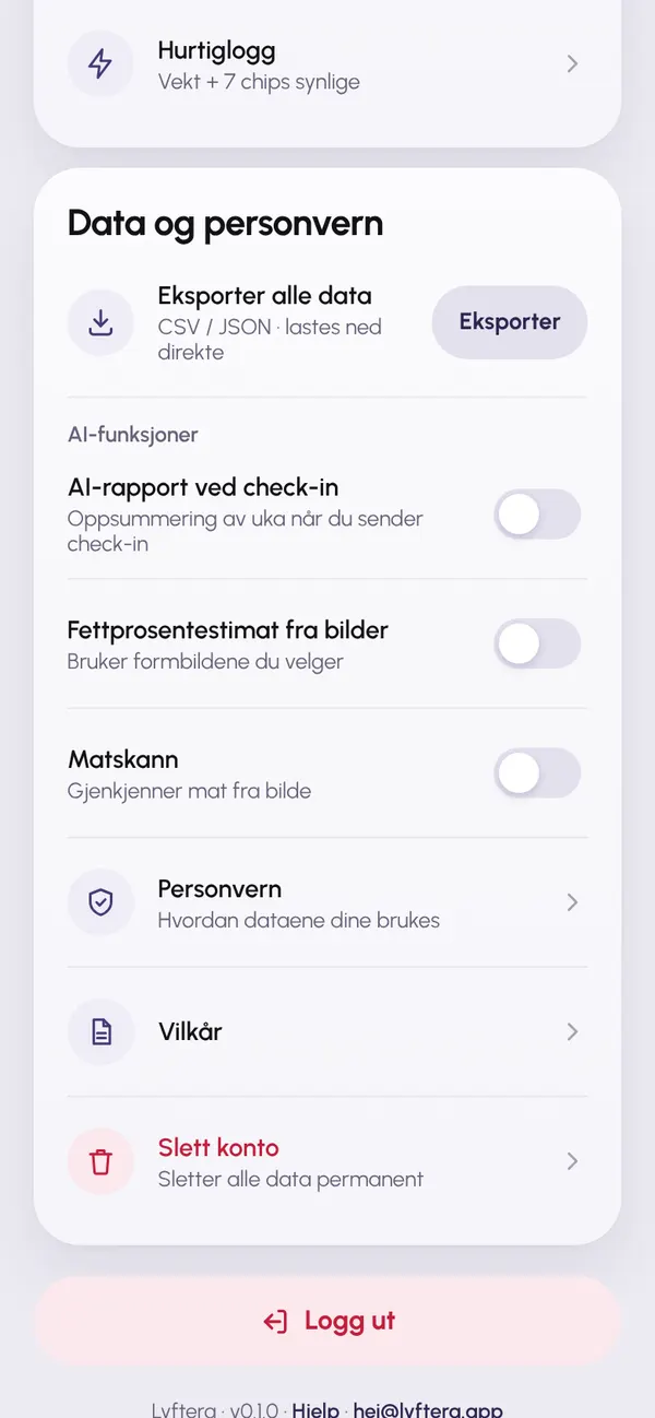 Data og personvern under Profil, med eksport og sletting.
