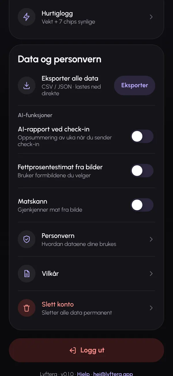 Data og personvern under Profil, med eksport og sletting.