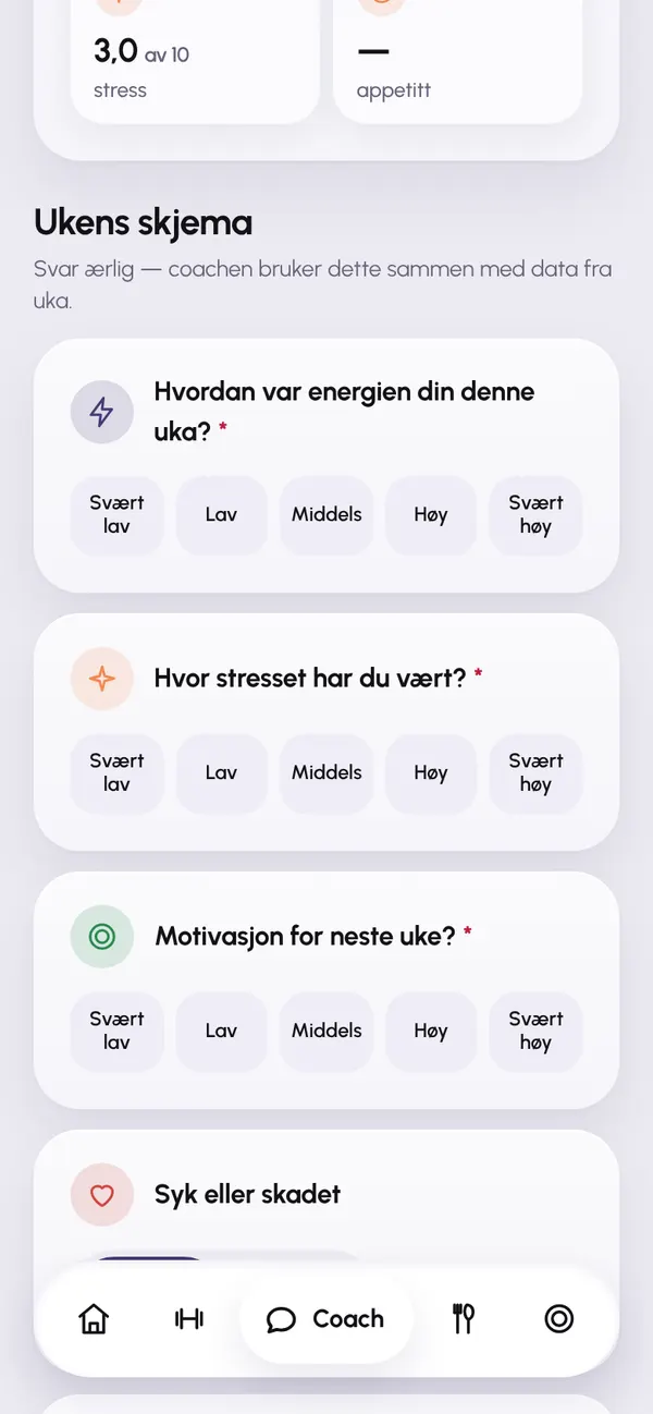 Ukentlig check-in med spørsmål om energi, stress og motivasjon.