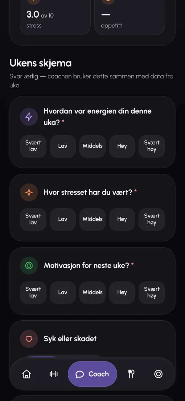 Ukentlig check-in med spørsmål om energi, stress og motivasjon.